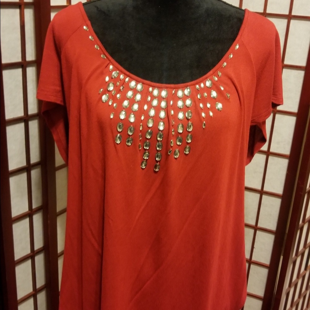 Red silky blouse with bling-B115